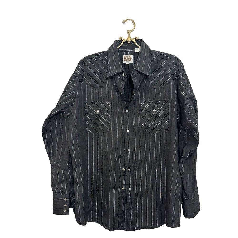Ely Cattleman Western Shirt Mens Large Black Metallic Striped Pearl Snap Cowboy
